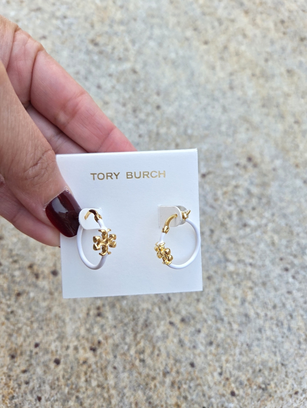 Tory Burch White Enamel Mini Eleanor Hoop Earrings Gold Logo